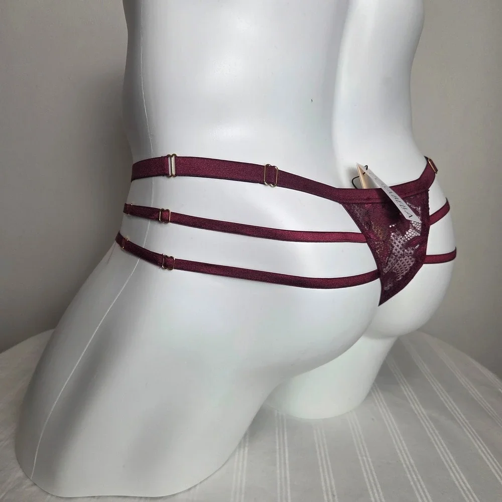 Cosabella Mens Bordeaux Floral Lace Triple Strap Adjustable Thong Underwear Vino